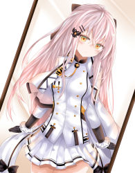 Rule 34 | 1girl, absurdres, anti-materiel rifle, arms at sides, black bow, black gloves, blush, bolt action, bow, breasts, bullpup, buttons, clenched hands, collared jacket, crossed bangs, double-breasted, eyes visible through hair, frilled sleeves, frills, girls&#039; frontline, gloves, gun, hair between eyes, hair bow, hair ornament, hair ribbon, hairclip, head tilt, highres, iws 2000 (girls&#039; frontline), jacket, long hair, looking at mirror, looking at viewer, medal, military, military uniform, mirror, needlegun, pleated skirt, prototype design, red eyes, reflection, ribbon, rifle, ru zhai, sidelocks, silver hair, skirt, sniper rifle, solo, steyr arms, steyr iws 2000, steyr mannlicher, symbol-shaped pupils, thighs, uniform, wavy mouth, weapon
