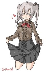 Rule 34 | 10s, 1girl, alternate costume, bad id, bad twitter id, black ribbon, black skirt, blush, breasts, cowboy shot, cropped legs, ebifurya, eyebrows, female focus, grey eyes, heart, highres, inactive account, kantai collection, kashima (kancolle), long hair, long sleeves, looking at viewer, medium breasts, pleated skirt, ribbon, sidelocks, silver hair, simple background, skirt, skirt hold, smile, solo, twintails, twitter username, white background