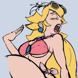 Rule 34 | 1girl, bikini, blonde hair, breasts, cleavage, closed mouth, highres, large breasts, legs, lipstick, long hair, makeup, mario (series), nintendo, open mouth, pink bikini, pink lips, princess, princess peach, sammytighe, sarong, sitting, solo, sunglasses on head, super mario odyssey, swimsuit, thighs, underboob