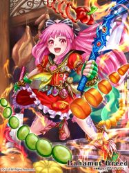 Rule 34 | 1girl, bag, bahamut greed, barrel, bell pepper, bell pepper slice, carrot, copyright name, crotalaria, fingerless gloves, food, gloves, green gloves, long hair, open mouth, original, pepper, pink eyes, pink hair, sausage, solo, weapon, window