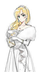 Rule 34 | 1girl, bag, blonde hair, capelet, dress, drill hair, earrings, elbow gloves, fur capelet, gloves, green eyes, handbag, highres, jewelry, long hair, looking at viewer, necklace, off-shoulder dress, off shoulder, okiraku boy, original, simple background, sketch, solo, thick eyebrows, tiara, tokyoin reika, white dress, white gloves