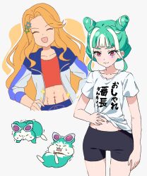 Rule 34 | 2girls, :3, :d, abs, black shorts, blue jacket, blunt bangs, chimumu, chimumu (hamster), closed eyes, clothes writing, cone hair bun, cowboy shot, creature and personification, cropped legs, cropped shirt, dolldolldd, double bun, exercising, facing viewer, green hair, hair bun, hair ornament, hamster, hand on own hip, highres, jacket, long hair, long sleeves, looking down, midriff, multicolored hair, multiple girls, multiple views, open clothes, open jacket, open mouth, orange hair, pink eyes, pretty series, red shirt, shirt, short hair, short shorts, short sleeves, shorts, sidelocks, simple background, smile, sparkle, star (symbol), star hair ornament, streaked hair, sweatdrop, t-shirt, waccha primagi!, white background, white hair, white shirt, yayoi hina