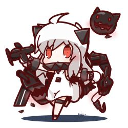 Rule 34 | 10s, 1girl, abyssal ship, aircraft, airplane, chibi, dress, gloves, highres, holding, horns, kantai collection, long hair, looking at viewer, mittens, northern ocean princess, nuu (nu-nyu), open mouth, red eyes, running, simple background, solo, white background, white dress, white gloves, white hair, white mittens