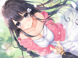 Rule 34 | 1girl, bare shoulders, black hair, bracelet, breasts, cardigan, cleavage, collarbone, dress, flower, from above, grass, grey eyes, hair blowing, hair flower, hair ornament, highres, holding hands, jewelry, long hair, long sleeves, looking at viewer, medium breasts, non-web source, original, parted lips, petals, pink cardigan, sidelocks, sourenkio, sparkle, white dress