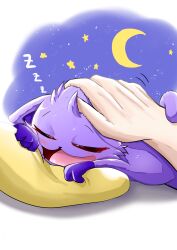 Rule 34 | 1boy, animal ears, big smile, cat boy, cat ears, cat tail, catnap, closed eyes, commentary request, dark purple fur, ears down, furry, furry male, hand on another&#039;s head, highres, light blush, lying, male focus, moon, multicolored fur, on stomach, open mouth, petting, pillow, pillow grab, poppy playtime, purple fur, sky, sleeping, smile, smiling critters, star (sky), starry sky, tail