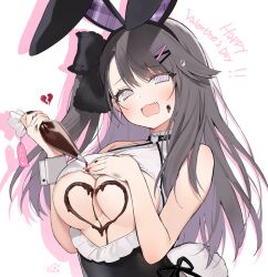 Rule 34 | 1girl, :d, @ @, animal ears, azur lane, bare arms, bare shoulders, black hair, black leotard, bow, breasts, byulzzi, candy, chocolate, chocolate heart, chocolate on body, cleavage, cleavage cutout, clothing cutout, commentary request, fake animal ears, fake tail, fang, food on body, frills, grey eyes, hair bow, hair ornament, hairband, hairclip, heart, heart cutout, large breasts, leotard, long hair, looking at viewer, one side up, open mouth, pamiat merkuria (azur lane), partial commentary, playboy bunny, rabbit ears, rabbit tail, revealing clothes, smile, smug, solo, tail, underboob, underboob cutout, upper body, valentine, wrist cuffs