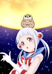 Rule 34 | 1girl, :o, animal, animal on head, arashi chisato, artist name, artist request, bishoujo senshi sailor moon, blue sky, blush, bow, bowtie, breasts, choker, cloud, cosplay, double bun, elbow gloves, female focus, flat chest, floating hair, full moon, gloves, hair bun, hair tie, high collar, highres, long hair, looking at viewer, love live!, love live! superstar!!, manmaru (love live!), moon, moonlight, night, night sky, on head, outdoors, parted lips, red bow, red choker, red eyes, sailor moon (cosplay), short sleeves, sky, small breasts, smile, solo, star (sky), upper body, v-shaped eyebrows, wavy hair, white gloves, white hair, yellow moon