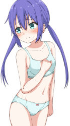 Rule 34 | 1girl, bare arms, bare shoulders, blue bra, blue hair, blue panties, blush, bow, bow panties, bra, breasts, closed mouth, collarbone, green eyes, hair between eyes, hand up, highres, koisuru asteroid, long hair, looking away, looking back, low twintails, manaka ao, navel, panties, simple background, small breasts, solo, takasuma hiro, twintails, underwear, underwear only, very long hair, white background