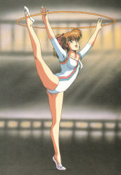 Rule 34 | 1980s (style), 1girl, arms up, athletic leotard, balancing, ballet slippers, blurry, blurry background, breasts, brown hair, cream lemon, female focus, from side, full body, green eyes, gymnastics, high ponytail, highres, holding, hoop, hula hoop, leg up, leotard, long hair, looking up, medium breasts, non-web source, official art, oldschool, open mouth, retro artstyle, rhythmic gymnastics, scan, solo, split, standing, standing on one leg, standing split, tiptoes, urushihara satoshi, white shadow