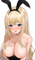 Rule 34 | 1girl, alternate costume, animal ears, bare shoulders, black leotard, blonde hair, blue eyes, blush, breasts, collarbone, commentary request, fake animal ears, hand on own chest, highres, k-on!, konishi (kn4), kotobuki tsumugi, large breasts, leotard, long hair, looking at viewer, nipples, open mouth, playboy bunny, rabbit ears, simple background, solo, sweat, thick eyebrows, upper body, white background