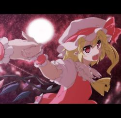 Rule 34 | 1girl, :d, anime coloring, ariyoshi gen, ascot, bad id, bad pixiv id, colorized, female focus, flandre scarlet, full moon, hadurin (zdmzy), hat, hat ribbon, holding hands, letterboxed, moon, moonlight, night, open mouth, pointy ears, pov, red eyes, ribbon, short hair, sky, smile, solo focus, star (sky), starry sky, team shanghai alice, touhou, wrist cuffs