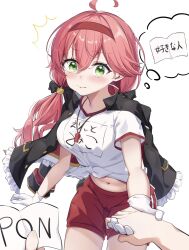 Rule 34 | 1girl, ahoge, black jacket, blush, breasts, check translation, commentary request, gloves, green eyes, gym uniform, hairband, highres, holding hands, hololive, jacket, jacket on shoulders, long hair, looking at viewer, low twintails, medium breasts, muyamii, navel, pink hair, pov, red shorts, sakura miko, shirt, short sleeves, shorts, thought bubble, translation request, twintails, virtual youtuber, whistle, whistle around neck, white gloves, white shirt