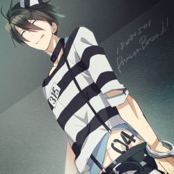 Rule 34 | 10s, 1boy, akuno hideo, alternate costume, blue eyes, body writing, brown hair, idolmaster, idolmaster side-m, licking lips, male focus, mudo34e, prison clothes, shirt, smile, striped clothes, striped shirt, tongue, tongue out