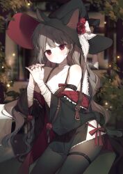 Rule 34 | 1girl, absurdres, animal ears, animal hat, bandaged arm, bandages, bare shoulders, black dress, black hat, black jacket, black pantyhose, brown hair, closed mouth, collarbone, commentary request, dress, fake animal ears, flower, hand up, hat, hat flower, highres, jacket, long hair, long sleeves, looking at viewer, moffle (ayabi), off shoulder, open clothes, open jacket, original, own hands together, pantyhose, pleated dress, red eyes, red flower, sitting, sleeveless, sleeveless dress, solo, very long hair, wide sleeves