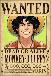 1boy absurdres alternate_hairstyle black_hair brown_eyes character_name commentary curly_hair english_commentary english_text facial_scar hat highres looking_at_viewer male_focus mayank_kumarr monkey_d._luffy one_piece one_piece_(live_action) red_shirt scar scar_on_cheek scar_on_face shirt short_hair signature smile solo straw_hat teeth wanted_poster