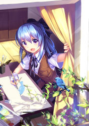 Rule 34 | 1girl, :d, bird, bison cangshu, blue hair, branch, curtains, drawing, leaf, long hair, looking at viewer, md5 mismatch, neck ribbon, open mouth, original, paintbrush, purple eyes, resolution mismatch, ribbon, school uniform, sitting, smile, solo, source larger, windowsill
