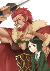 Rule 34 | 2boys, armor, bad id, bad pixiv id, beard, black hair, bob cut, cape, facial hair, fate/stay night, fate/zero, fate (series), green eyes, hand on another&#039;s head, heirou, highres, iskandar (fate), male focus, multiple boys, red eyes, red hair, short hair, size difference, sword, trap, waver velvet, weapon