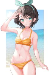 Rule 34 | 1girl, arm up, bad id, bad pixiv id, bare arms, bikini, black hair, blue eyes, blush, bow hairband, breasts, closed mouth, commentary request, cowboy shot, hairband, highres, hololive, looking at viewer, medium breasts, navel, oozora subaru, oozora subaru (hololive summer 2019), outside border, razerman, short hair, smile, solo, standing, stomach, striped bikini, striped clothes, swimsuit, virtual youtuber, yellow bikini