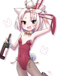 Rule 34 | 1girl, absurdres, alcohol, animal ears, arm up, armpits, azur lane, bare arms, bare shoulders, black pantyhose, blush, bottle, bow, bowtie, brown eyes, cameltoe, commentary request, cowboy shot, detached collar, fake animal ears, fake tail, fang, flat chest, groin, hair intakes, highleg, highleg leotard, highres, holding, holding bottle, leotard, looking at viewer, marui kado, open mouth, oversized breast cup, pantyhose, playboy bunny, rabbit ears, rabbit tail, red leotard, short hair, shouhou (azur lane), side-tie leotard, simple background, solo, strapless, strapless leotard, sweat, tail, white background, white hair, wine, wine bottle, wrist cuffs, yellow bow, yellow bowtie