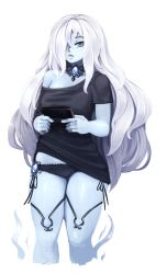 Rule 34 | 1girl, alternate costume, barbariank, black panties, black shirt, blue eyes, blue fire, blue skin, breasts, casual, colored skin, fire, hair over one eye, handheld game console, highres, jewelry, long hair, monochrome, monster girl encyclopedia, necklace, no pants, off shoulder, panties, shirt, side-tie panties, silver hair, solo, t-shirt, thighhighs, transparent background, underwear, very long hair, will-o&#039;-the-wisp (monster girl encyclopedia), will-o-the-wisp (monster girl encyclopedia)