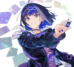 Rule 34 | 1girl, artist name, blue eyes, blue hair, blue jacket, blue nails, blue theme, blunt bangs, dot nose, grin, hair ornament, holding, holding mahjong tile, jacket, long sleeves, looking at viewer, mahjong, mahjong tile, nagu, nail polish, open clothes, open jacket, original, outstretched arm, parted lips, short hair, smile, solo, teeth, upper body, x hair ornament