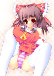Rule 34 | 1girl, arm support, ascot, blouse, blush, bow, breasts, brown hair, cameltoe, detached sleeves, fat mons, fukuda shuushi, hair bow, hair tubes, hakurei reimu, highres, huge breasts, lace, lace-trimmed panties, lace trim, large breasts, long hair, looking at viewer, miniskirt, panties, pantyshot, pink panties, pleated skirt, red eyes, ribbon, shirt, sitting, skirt, solo, striped clothes, striped panties, thighhighs, touhou, underwear, upskirt, white thighhighs