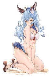 Rule 34 | 1girl, animal ears, belt, blue hair, blue skirt, breasts, cleavage, clothes lift, ferry (granblue fantasy), ferry (summer) (granblue fantasy), flower, granblue fantasy, hair flower, hair ornament, halterneck, highres, long hair, loose belt, majo (pastamajo), rabbit ears, skirt, solo, wavy hair, white background, yellow eyes