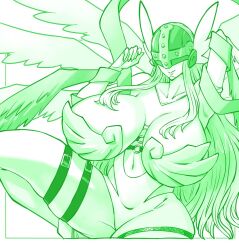 Rule 34 | 1girl, alternate breast size, angewomon, belt, breasts, digimon, digimon adventure, female focus, helmet, highres, huge breasts, kenchi, long hair, navel, smile, solo, thick thighs, thigh belt, thigh strap, thighs, winged helmet, wings