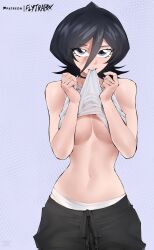Rule 34 | 1girl, artist name, bare shoulders, black choker, black hair, black pants, bleach, breasts, choker, clothes in mouth, clothes lift, cowboy shot, curled fingers, drawstring, eyelashes, flytrapxx, grey background, grey eyes, hair between eyes, highres, kuchiki rukia, long bangs, looking at viewer, medium breasts, midriff, mouth hold, navel, no bra, panties, pants, pantyslip, patreon logo, romaji commentary, sagging pants, shirt, shirt in mouth, shirt lift, short hair, signature, sleeveless, sleeveless shirt, solo, standing, toned, underboob, underwear, upturned eyes, w arms, white panties