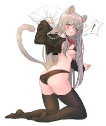 Rule 34 | !, 1girl, angry, animal ear fluff, animal ears, arm up, ass, bikini, bikini top only, black bikini, black choker, black panties, black shirt, black thighhighs, blush, bow, breasts, butt crack, cat ears, cat girl, cat tail, choker, commentary, embarrassed, english commentary, from behind, full body, grey hair, highres, holding, holding pillow, kneeling, kuzel (bonolangje), large breasts, long hair, long sleeves, looking at viewer, looking back, mole, mole on ass, mole on breast, mole on thigh, mole under eye, nail polish, no shoes, original, panties, parted lips, pillow, red bow, red eyes, red nails, shirt, shrug (clothing), simple background, skindentation, solo, sparkling eyes, swimsuit, tail, thighhighs, underwear, white background
