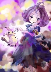 Rule 34 | 1girl, acerola (pokemon), armlet, blush, creatures (company), dress, fake wings, flipped hair, flying sweatdrops, game freak, gen 7 pokemon, hair ornament, looking at viewer, mimikyu, nintendo, open mouth, pokemon, pokemon (creature), purple hair, short hair, smile, stitches, topknot, trial captain, unya, wings
