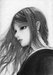 Rule 34 | 1girl, closed mouth, commentary request, floating hair, from side, grey background, greyscale, hane (azelye), japanese clothes, lips, long hair, mole, mole on neck, monochrome, original, simple background, solo, upper body
