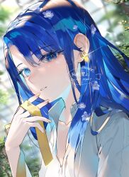 Rule 34 | 1girl, blue eyes, blue flower, blue hair, commission, dappled sunlight, earrings, fingernails, flower, hair between eyes, highres, holding, holding ribbon, jewelry, light blush, light particles, long hair, looking at viewer, mizumi zumi, original, outdoors, parted lips, ribbon, shadow, shirt, sidelocks, skeb commission, solo, sunlight, upper body, white shirt, yellow ribbon