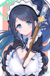 Rule 34 | &lt;key&gt; (robot) (blue archive), 1girl, absurdly long hair, apron, aris (blue archive), aris (maid) (blue archive), black hair, blue archive, blue bow, blue bowtie, blue eyes, bow, bowtie, commentary request, forehead, frilled apron, frills, halo, head tilt, highres, holding, holding mop, ima (lm ew), leaning forward, long hair, looking at viewer, maid, maid apron, maid headdress, mop, official alternate costume, official alternate hairstyle, parted bangs, short sleeves, side ponytail, sidelocks, simple background, smile, solo, two-tone background, very long hair, white apron, wristband