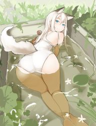 Rule 34 | 1girl, all fours, animal ears, ass, barefoot, blue eyes, blush, fox ears, fox tail, grass, leaf, long hair, looking at viewer, looking back, nosuku, one-piece swimsuit, original, partially submerged, smile, solo, swimsuit, tail, water, white hair, white one-piece swimsuit