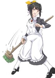 Rule 34 | 1girl, alternate costume, alternate hairstyle, apron, black dress, black hair, colored inner hair, dress, enmaided, full body, hair bun, highres, kantai collection, ld (luna dial398), long hair, looking at viewer, maid, maid headdress, mary janes, mop, multicolored hair, naganami (kancolle), pink hair, shoes, simple background, socks, solo, two-tone hair, white apron, white background, white socks