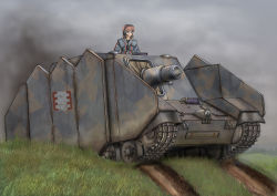 Rule 34 | 1girl, aqua eyes, artist request, breasts, caterpillar tracks, cloud, cloudy sky, commentary request, forest, grass, headphones, military, military uniform, military vehicle, motor vehicle, nature, pink hair, self-propelled artillery, senjou no valkyria (series), short hair, sky, solo, tank, tank destroyer, uniform