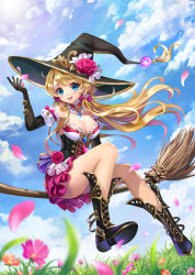 Rule 34 | 1girl, arm garter, artist request, blonde hair, blue eyes, breasts, brooch, broom, broom riding, cleavage, cloud, cloudy sky, cross-laced footwear, day, flower, gloves, gradient background, hat, jewelry, kaku-san-sei million arthur, large breasts, long hair, million arthur (series), open mouth, original, pendant, petals, rose, sidesaddle, sky, smile, solo, witch, witch hat