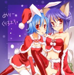 Rule 34 | 10s, 2girls, animal ears, blue hair, breasts, bunny (trickster), capelet, choker, christmas, cleavage, fox (trickster), fox ears, glasses, kneeling, midriff, mofmof (sousa), multiple girls, purple hair, rabbit ears, red eyes, santa costume, sitting, thighhighs, trickster (ntreev soft), white thighhighs