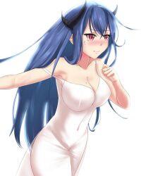 Rule 34 | 1girl, arms up, blue hair, blush, caera denoir, closed mouth, dress, embarrassed, long hair, pink eyes, simple background, the beginning after the end, very long hair, white background, white dress