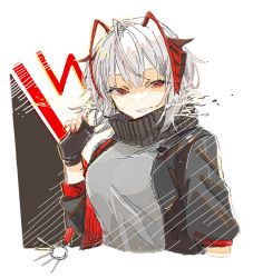 Rule 34 | 1girl, aaoshigatoutoi, antenna hair, arknights, black gloves, black jacket, black scarf, character name, commentary request, fingerless gloves, gloves, grey hair, grey shirt, hand in own hair, hand up, highres, jacket, long sleeves, looking at viewer, nail polish, parted lips, red eyes, red nails, scarf, shirt, short hair, simple background, smile, solo, upper body, w (arknights), white background
