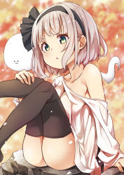 Rule 34 | 1girl, :o, absurdres, arm support, autumn, black hairband, black thighhighs, blurry, blurry background, bob cut, bottomless, commentary, depth of field, green eyes, grey hair, hair ribbon, hairband, hand on own leg, highres, konpaku youmu, konpaku youmu (ghost), legs, legs up, long sleeves, looking at viewer, no panties, off shoulder, outdoors, oversized clothes, parted lips, pegashi, petals, ribbon, rock, shirt, short hair, sitting, solo, thighhighs, touhou, white shirt