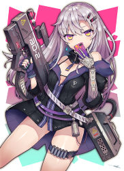 Rule 34 | 1girl, breasts, earrings, fingerless gloves, gia, gloves, gun, hair ornament, hairclip, highres, holding, holding gun, holding weapon, jewelry, long hair, looking at viewer, mechanical arms, mole, mole under eye, original, prosthesis, prosthetic arm, purple hair, single fingerless glove, single mechanical arm, small breasts, solo, thigh strap, trigger discipline, weapon, yellow eyes