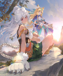 Rule 34 | 2girls, ahoge, animal ears, animal hands, armlet, armor, blonde hair, breastplate, breasts, capelet, character request, closed mouth, clothing cutout, dress, floating hair, fur trim, gloves, green eyes, indian style, knees up, ladica (shadowverse), long hair, looking at viewer, medium breasts, mistolina (shadowverse), multicolored hair, multiple girls, navel, navel cutout, official art, paw gloves, ponzu (catponz), purple eyes, shadowverse, shield, sitting, skirt, smile, streaked hair, sun, sunlight, tail, white hair