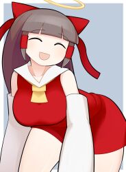 Rule 34 | 1girl, :d, ascot, blue background, blunt bangs, bow, breasts, brown hair, closed eyes, commentary request, cookie (touhou), cowboy shot, detached sleeves, hair bow, hair tubes, hakurei reimu, halo, hospital king, large breasts, leaning forward, long hair, medium bangs, open mouth, red bow, red shirt, red skirt, shirt, sidelocks, skirt, skirt set, sleeveless, sleeveless shirt, smile, solo, touhou, two-tone background, white background, white sleeves, yamasaka aimi, yellow ascot