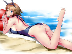 Rule 34 | &gt; o, 10s, 1girl, ;), alternate costume, ass, beach, blue eyes, breasts, brown hair, casual one-piece swimsuit, full body, headgear, highres, huge breasts, judge (oekaki), kantai collection, light smile, mutsu (kancolle), no gloves, no legwear, ocean, one-piece swimsuit, one eye closed, sand, short hair, sideboob, smile, solo, swimsuit, water