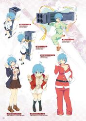 Rule 34 | 1girl, animal slippers, antenna hair, belt, belt buckle, black belt, blue eyes, blue hair, blush, breasts, buckle, character sheet, cleavage, earmuffs, green pajamas, highres, large breasts, long sleeves, looking at viewer, m202 flash, multishot rocket launcher, official art, open mouth, page number, pajamas, pillow, red pajamas, rocket launcher, school uniform, seimei (senran kagura), senran kagura, senran kagura new wave, shirt, short hair, skirt, slippers, solo, translation request, weapon, yaegashi nan