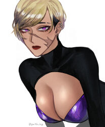 1girl bent_over black_hair black_shrug blonde_hair bra breasts cleavage commentary dark-skinned_female dark_skin ear_piercing earrings expressionless eyebrow_cut facial_scar genderswap genderswap_(mtf) jewelry large_breasts lipstick makeup multicolored_hair nijisanji nijisanji_en piercing purple_bra purple_eyes red_lips scar scar_on_cheek scar_on_face scar_on_nose short_hair shrug_(clothing) signature solo stream stud_earrings turtleneck twitter_username two-tone_hair underwear upper_body vantacrow_bringer virtual_youtuber yui930