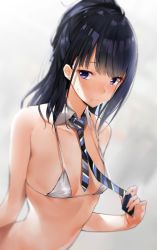 Rule 34 | 1girl, bare shoulders, bikini, bikini top only, black hair, blue necktie, blurry, blush, breasts, commentary request, copyright request, depth of field, detached collar, dutch angle, grey background, highres, jewelry, long hair, looking at viewer, mole, mole under mouth, necklace, necktie, nose blush, orihi chihiro, purple eyes, simple background, small breasts, solo, strap gap, striped necktie, striped neckwear, sweat, swimsuit, upper body, white bikini