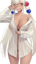 1girl :q absurdres alternate_costume blonde_hair breasts cowboy_shot dark-skinned_female dark_skin hair_ornament highres hololive hololive_english kaniko_(tsukumo_sana) large_breasts licking_lips long_hair long_sleeves naked_shirt navel no_bra no_panties off_shoulder planet_hair_ornament see-through_clothes shirt single_bare_shoulder solo somebody_(leiking00) tongue tongue_out tsukumo_sana twintails v v_over_eye very_long_hair virtual_youtuber white_nails white_shirt yellow_eyes